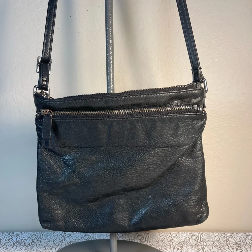 MARGOT Leather Two Zipper Crossbody Shoulder Bag In black leather